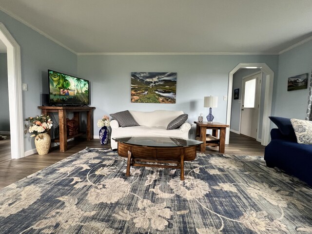 living room with ornamental molding and dark hardwood / wood-style floors