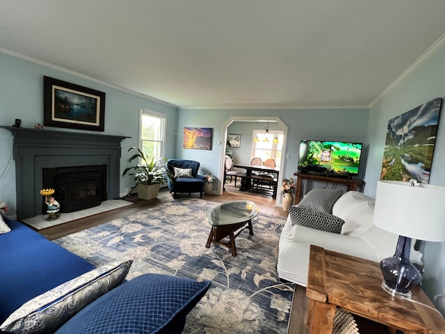 living room featuring hardwood / wood-style flooring and ornamental molding