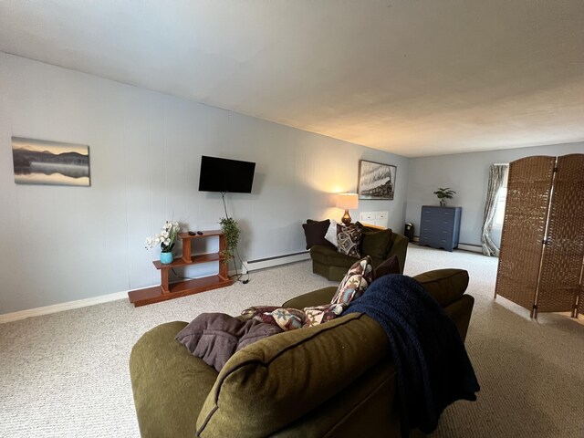 living room featuring a baseboard radiator and carpet floors