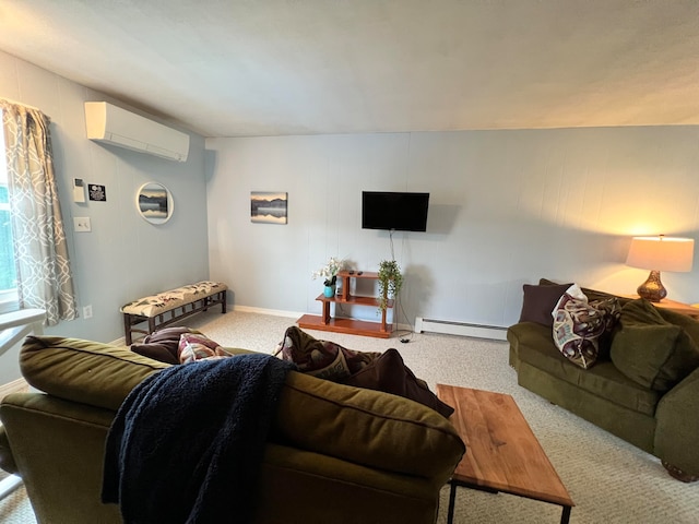 carpeted living room with baseboard heating and an AC wall unit