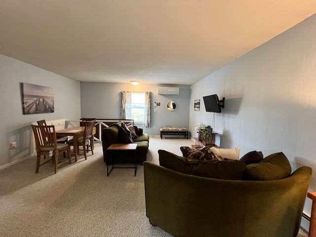 carpeted living room with a wall unit AC and a baseboard radiator