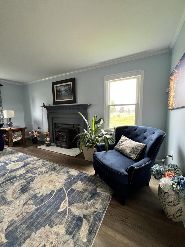 living room featuring crown molding and hardwood / wood-style floors