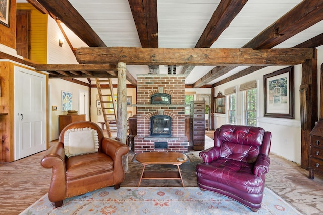 living room featuring a brick fireplace and beam ceiling