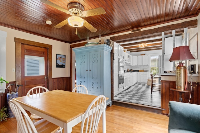 dining room with wood ceiling, light hardwood / wood-style floors, and ceiling fan