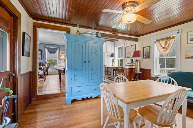 dining room with wooden ceiling, wooden walls, light hardwood / wood-style flooring, and plenty of natural light