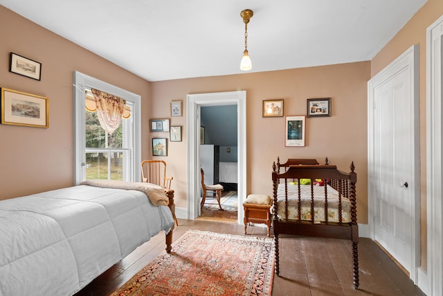 bedroom with dark hardwood / wood-style flooring and a closet