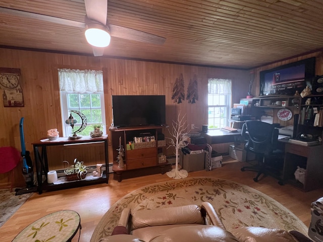 office with a wealth of natural light, ceiling fan, wood-type flooring, and wooden walls