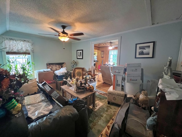 living room with ceiling fan, a textured ceiling, and hardwood / wood-style floors