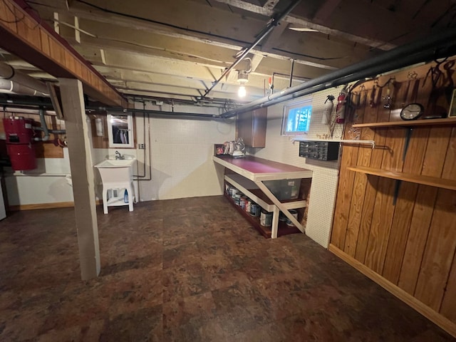 basement with wood walls