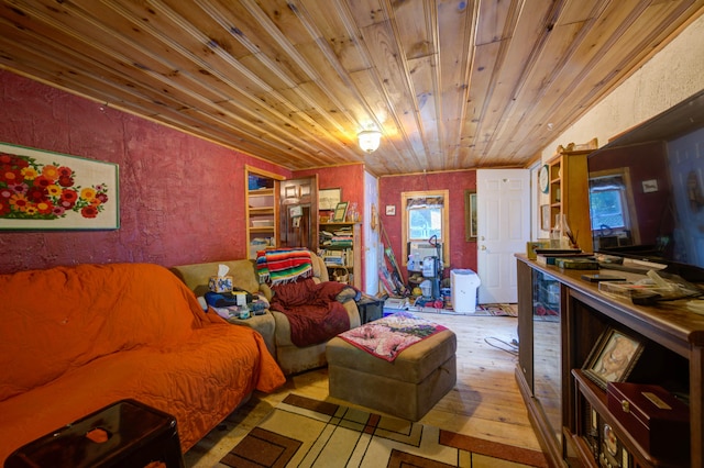 living room with wood ceiling, vaulted ceiling, and hardwood / wood-style flooring