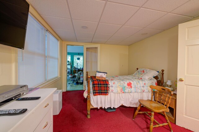 bedroom with a drop ceiling and carpet