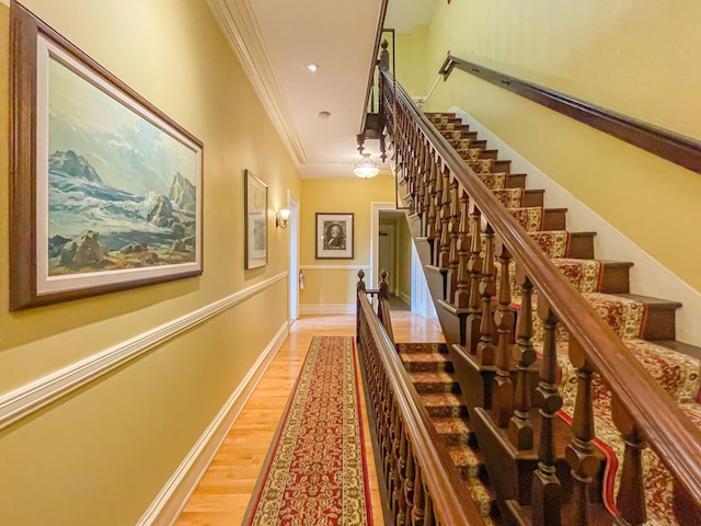 corridor featuring wood-type flooring and ornamental molding