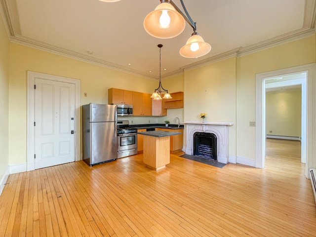 kitchen with ornamental molding, light hardwood / wood-style floors, decorative light fixtures, and stainless steel appliances