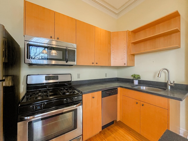 kitchen with crown molding, sink, stainless steel appliances, and light hardwood / wood-style flooring