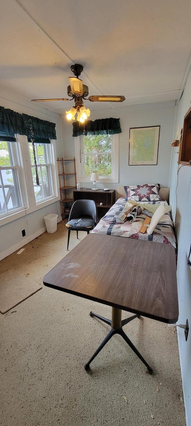 bedroom with ceiling fan and carpet floors