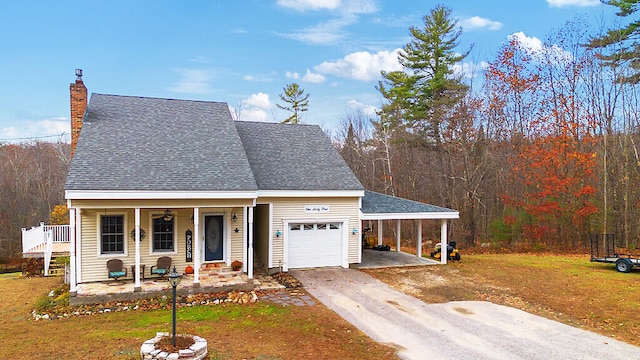 view of front of house with a front lawn, covered porch, and a carport