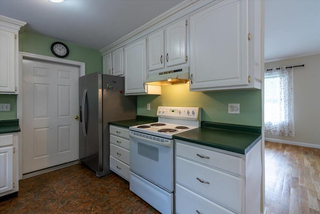 kitchen with white electric stove, stainless steel refrigerator with ice dispenser, dark hardwood / wood-style floors, and white cabinets