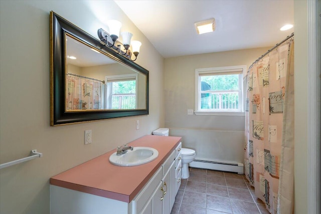 bathroom featuring a baseboard heating unit, tile patterned flooring, walk in shower, vanity, and toilet