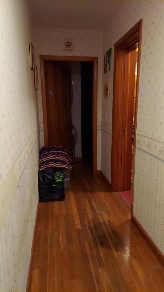 60 Elm St, East Millinocket, ME 04430 - hall featuring hardwood / wood-style floors and wallpapered walls