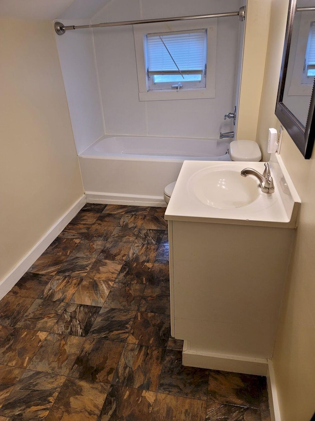 bathroom featuring vanity, baseboards, toilet, and shower / bathing tub combination