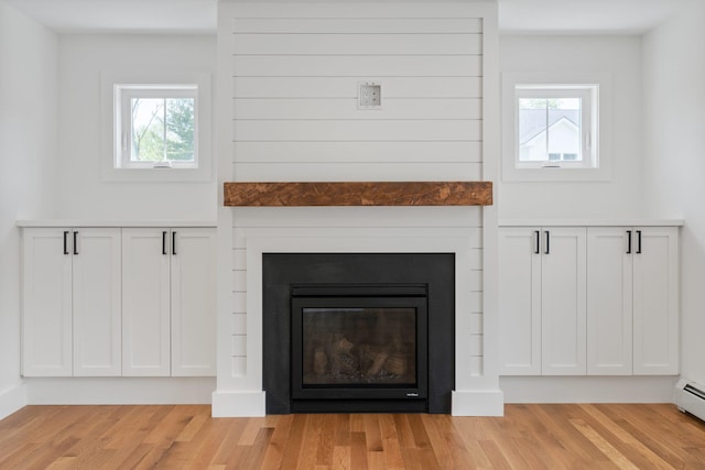 details featuring a baseboard heating unit and hardwood / wood-style flooring