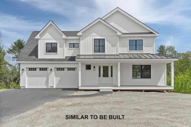 modern farmhouse style home with a garage and covered porch