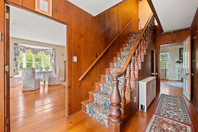 stairway featuring wood walls, hardwood / wood-style floors, and plenty of natural light