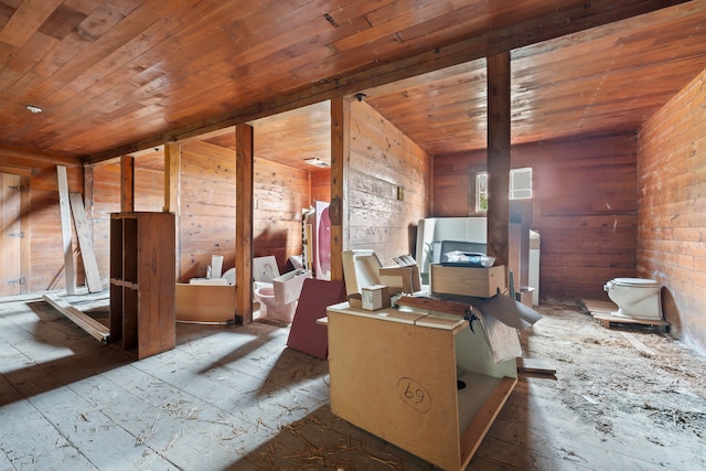 interior space with wood ceiling and wood walls