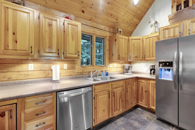 kitchen featuring stainless steel appliances, vaulted ceiling, sink, light brown cabinets, and wooden ceiling