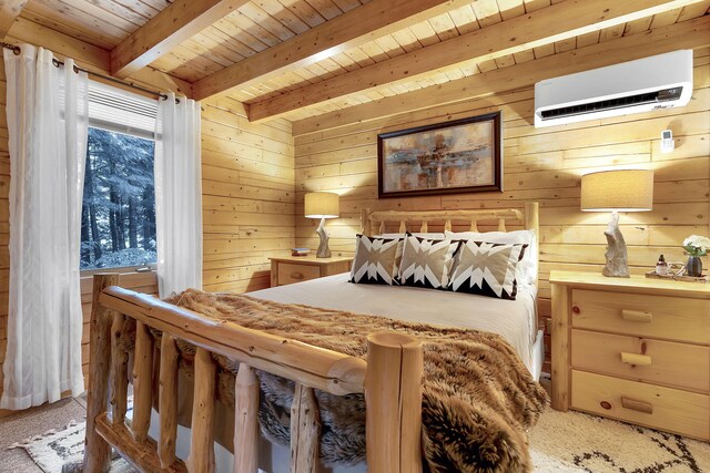 bedroom with wooden ceiling, beamed ceiling, a wall mounted AC, wood walls, and light colored carpet