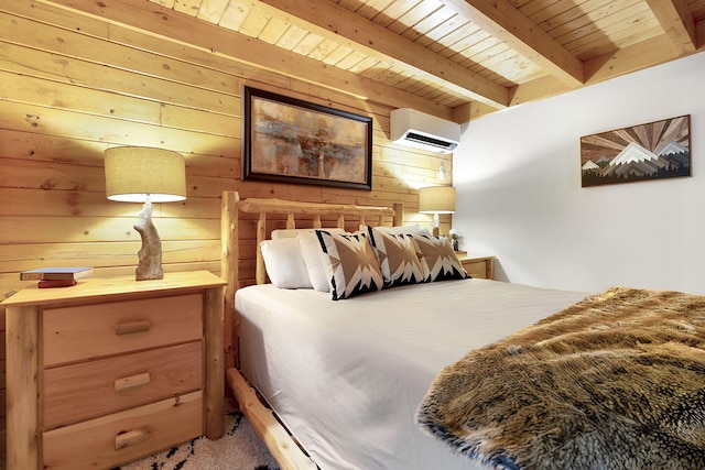 bedroom with beamed ceiling, wood ceiling, a wall mounted AC, and wood walls