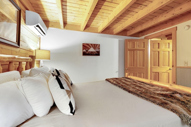 bedroom with a wall unit AC, wood ceiling, and beam ceiling