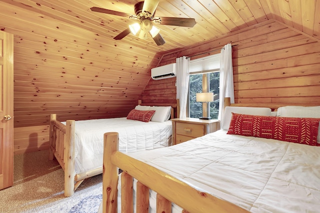 carpeted bedroom featuring ceiling fan, a wall unit AC, wood walls, lofted ceiling, and wood ceiling