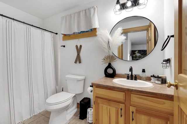 bathroom with tile patterned flooring, vanity, toilet, and a shower with curtain