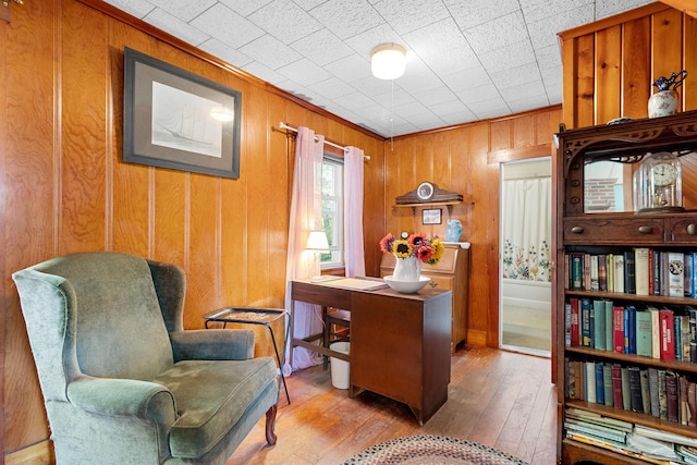 1276 State Route 32, Bristol, ME 04564 - home office with crown molding, wood walls, and wood-type flooring