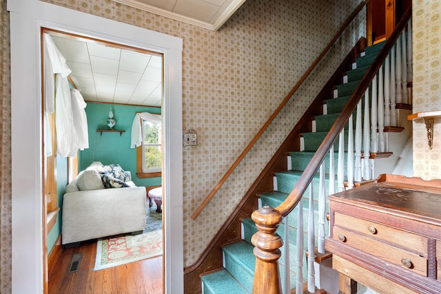1276 State Route 32, Bristol, ME 04564 - stairs featuring wallpapered walls, visible vents, ornamental molding, and wood finished floors