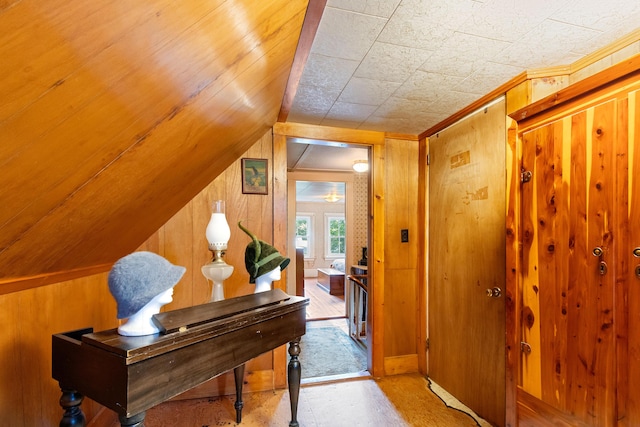 1276 State Route 32, Bristol, ME 04564 - hall featuring wooden walls, vaulted ceiling, and wood finished floors