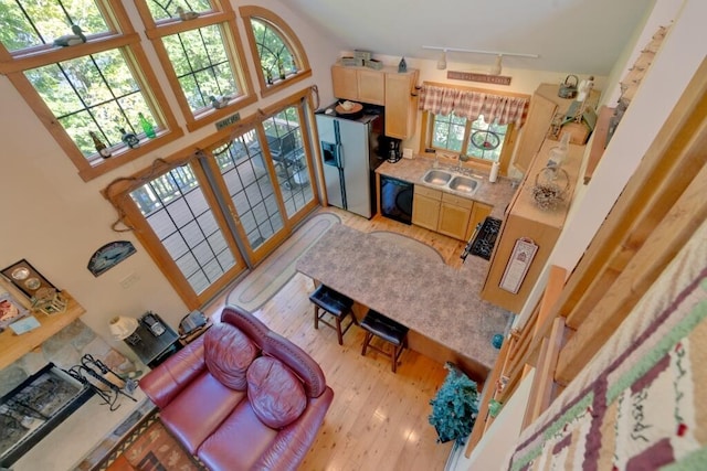 interior space with a high ceiling, stainless steel refrigerator with ice dispenser, light wood-type flooring, and rail lighting