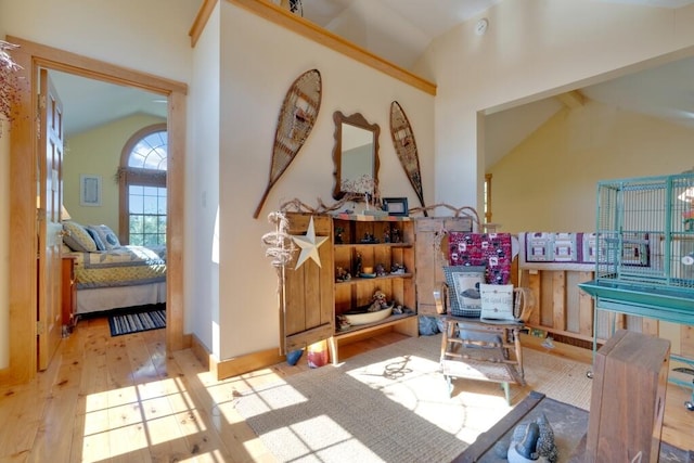 interior space featuring light wood-type flooring and vaulted ceiling