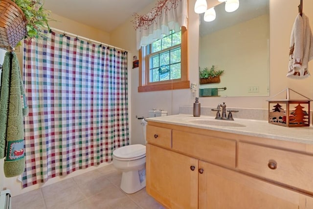 bathroom with vanity, baseboard heating, tile patterned floors, a shower with curtain, and toilet