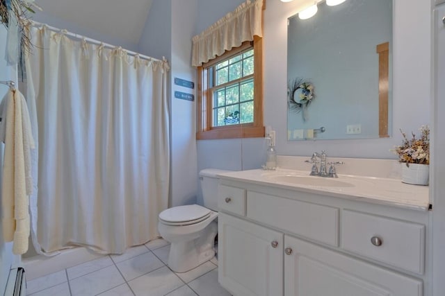 bathroom featuring a shower with curtain, baseboard heating, tile patterned floors, vanity, and toilet