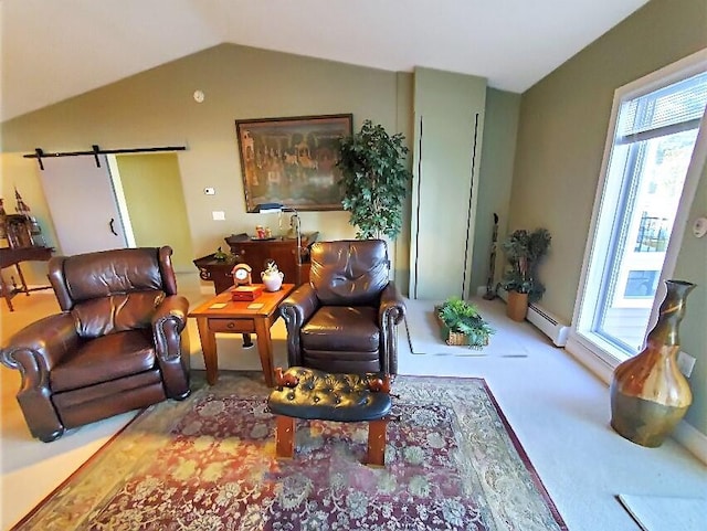 carpeted living room featuring baseboard heating, vaulted ceiling, and a barn door