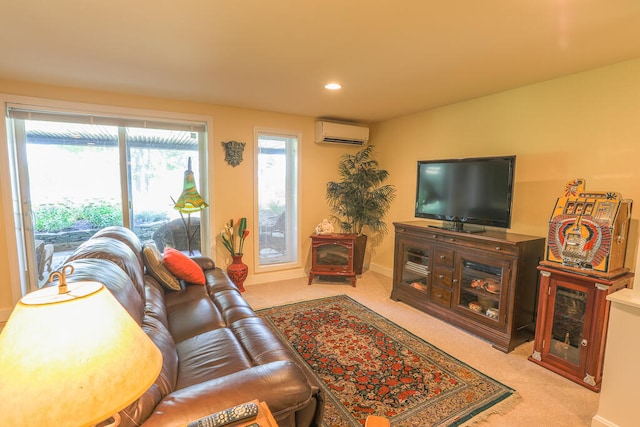 carpeted living room featuring a wall mounted air conditioner