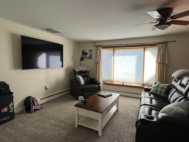 living room featuring ceiling fan, a baseboard radiator, and carpet