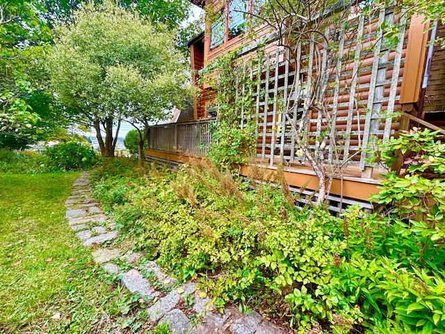 view of yard featuring a wooden deck