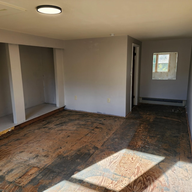 unfurnished room featuring dark wood-type flooring and a baseboard heating unit