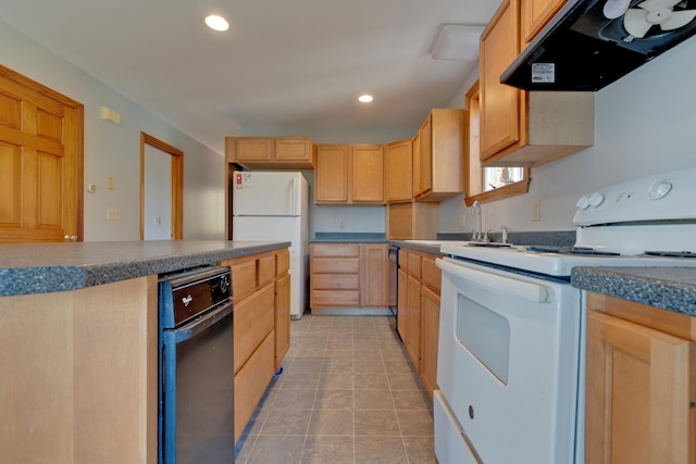 20 Kristas Way, Gorham, ME 04038 - kitchen featuring white appliances, ventilation hood, light brown cabinetry, recessed lighting, and dark countertops