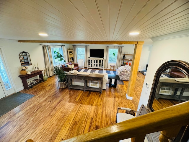 living room featuring a healthy amount of sunlight, light wood finished floors, and ornamental molding