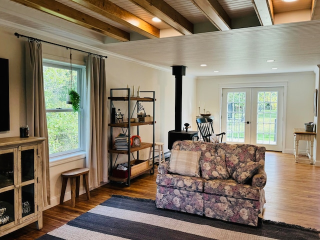 living room featuring a healthy amount of sunlight, french doors, a wood stove, and dark wood-style flooring