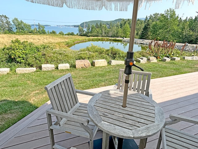 exterior space featuring a yard and a water view